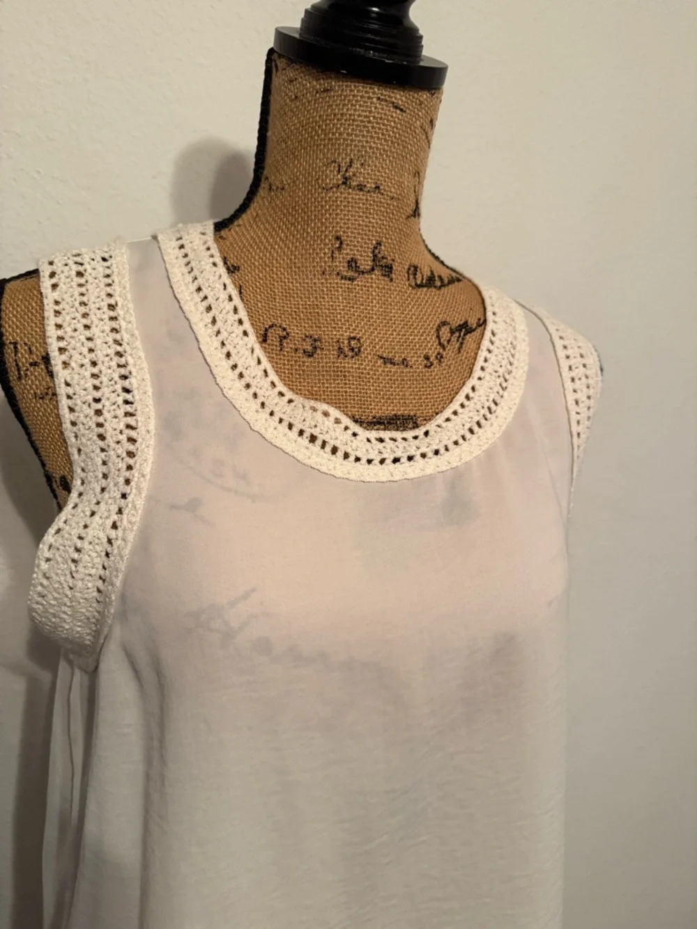 CAbi Marissa White Sheer Sleeveless top with crochet trim medium - Picture 3 of 11